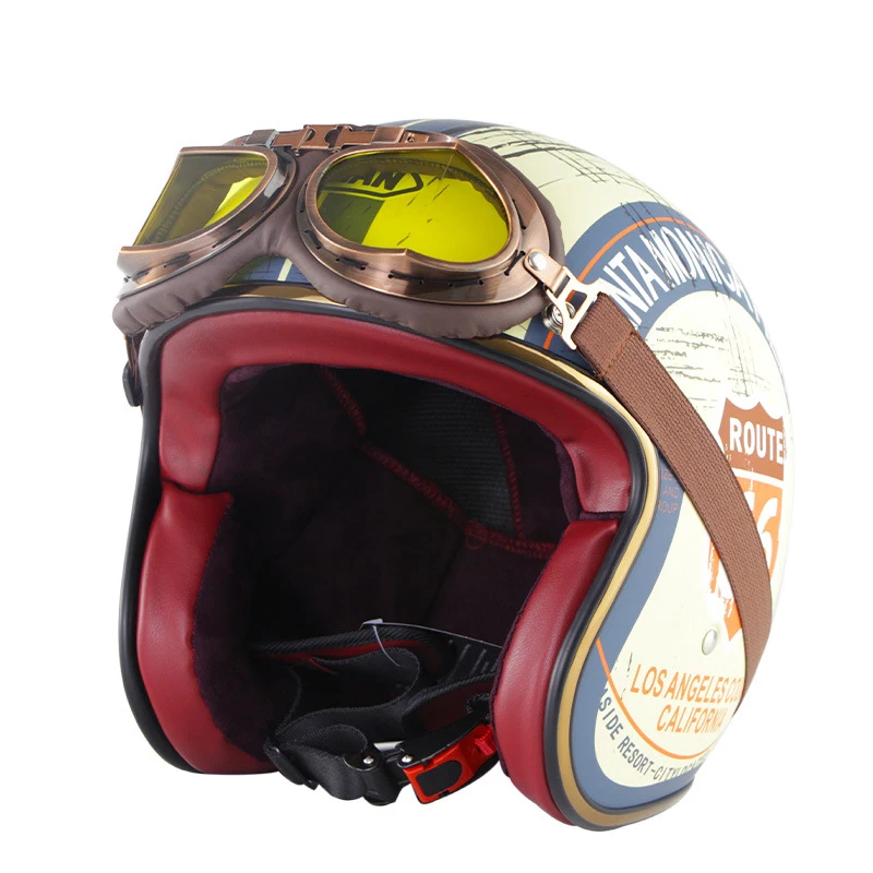 

Motorcycle Helmet With Goggles Retro Open Face Leather Scooter Helmets 3/4 Hull Motorcycle Wasp Vintage Motorcycle Helmets