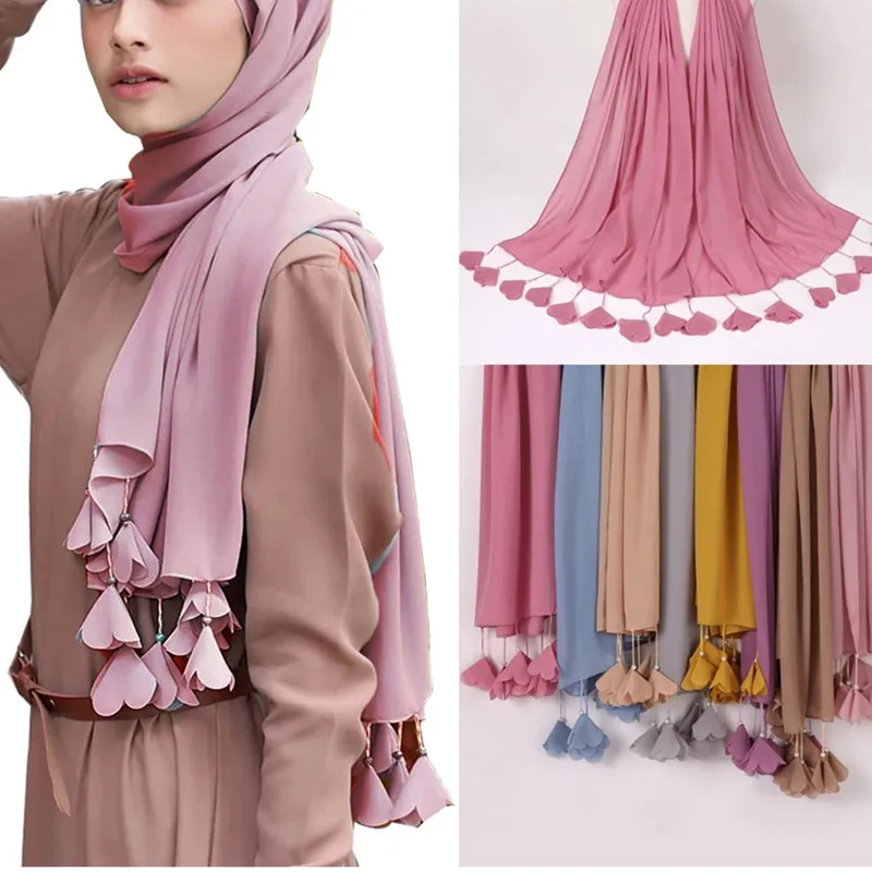 

Designer Solid Color Bubble Chiffon Hijab Scarf Women Long Soft Wrap Scarf Shawl Scarves Femme Muslim Hijabs Heart Tassel Scarf