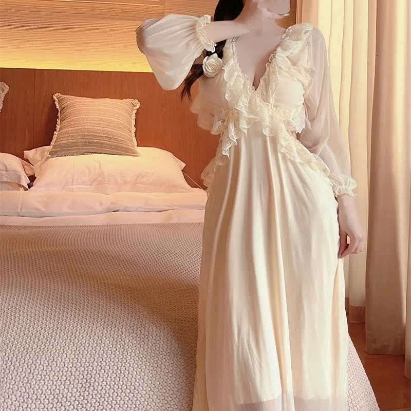 

Vintage Nightgowns Princess Gauze Long Sleepwear Court Ruffles Night Dress Home Wear Sweet Mesh Backless Temptation Nightdress