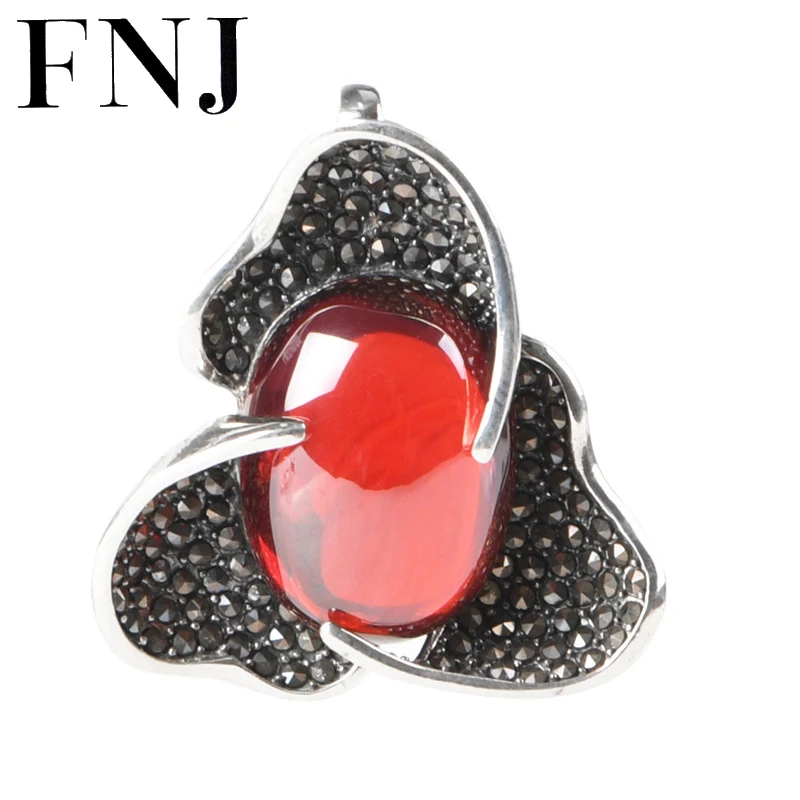 

FNJ 925 Silver MARCASITE Pendant Original Pure S925 Silver Pendants for Jewelry Making Women Red Zircon Flower