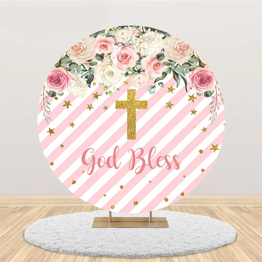 

God Bless Mi Bautizo Backdrop First Holy Communion Christening Decor Photography Background Gold Dots Pink Floral Baptism Banner
