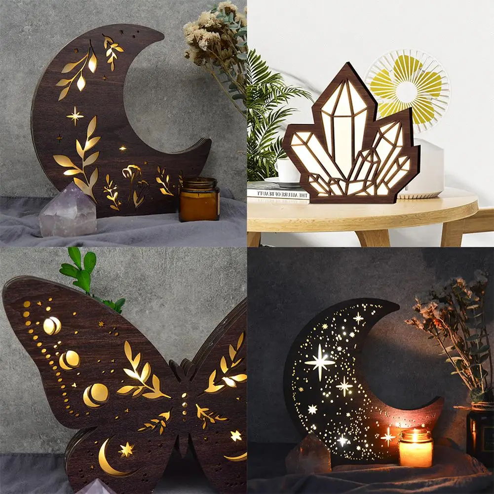 

Bohemian Led Luminous Lamp Hollow Wooden Ornament Butterfly Lotus Night Light Sculpture Art For Home Decor