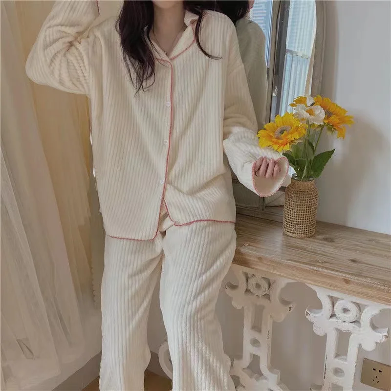 Autumn Winter Warm Coral Fleece Pajamas Set Women Pyjamas Long Sleeve Soild Sleepwear Pijama Suit Female Homewear Loungewear