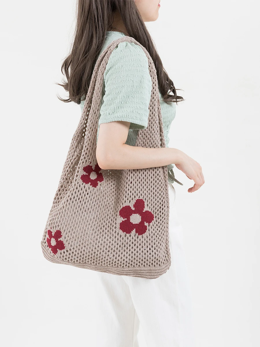 KOKOPEAS Knitting Printing Soft Shoulder Bag Hollow out Shopping Tote Bag Cute Young Girl Handbag Large Capacity Bag For Women