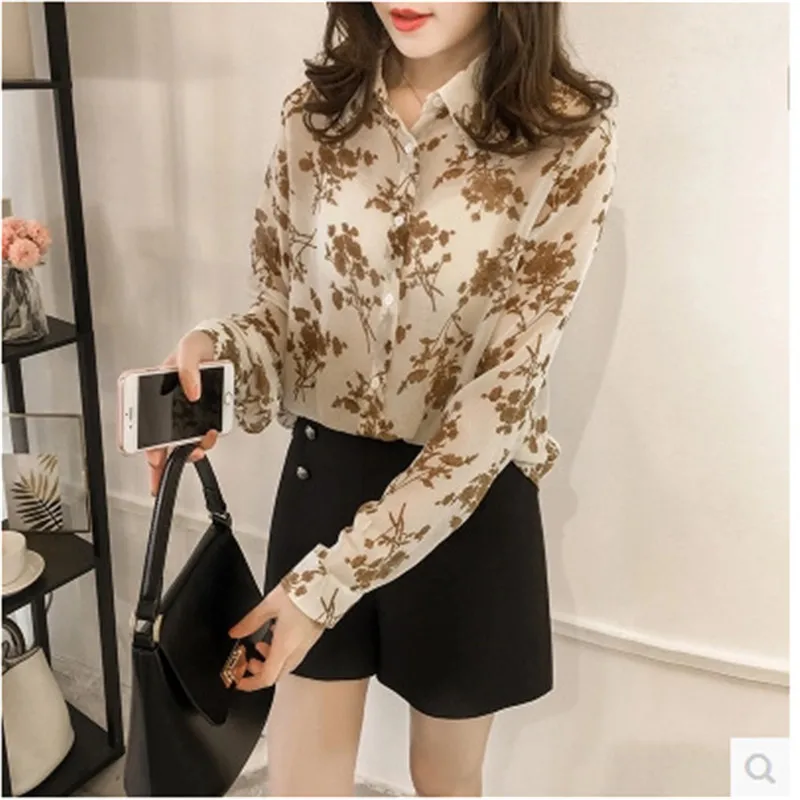 Spring 2022 Womens Elegant Korean Style Luxury Gold Flower Print White Black Navy Casual Blouse Long Sleeve Camisas Mujer M-4XL
