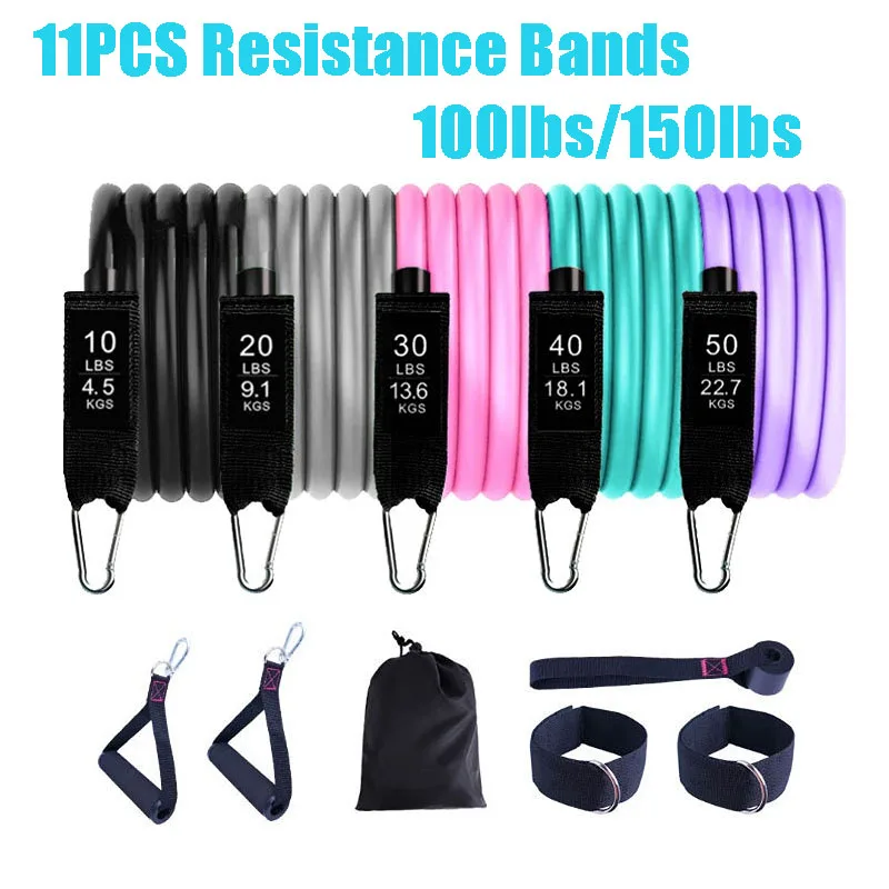

150/100LBS Resistance Bands 11Pcs Portable Fitness Equipment Fitness Elastic Rope Muscle Building Crossfit Workout Bodybuilding