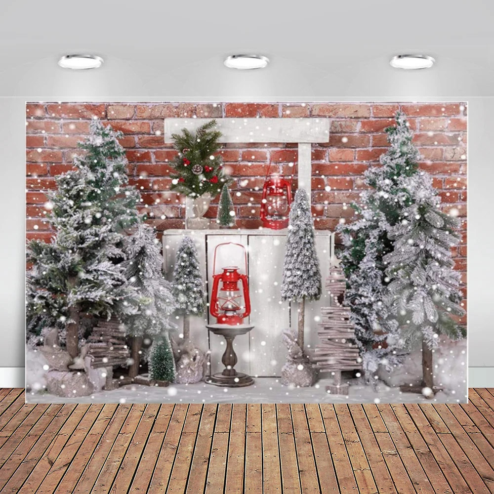 

Christmas Photo Backdrop Winter Snowing Brick Wall Photography Backdrop Christmas Pine Trees Background Xmas Photo Shooting