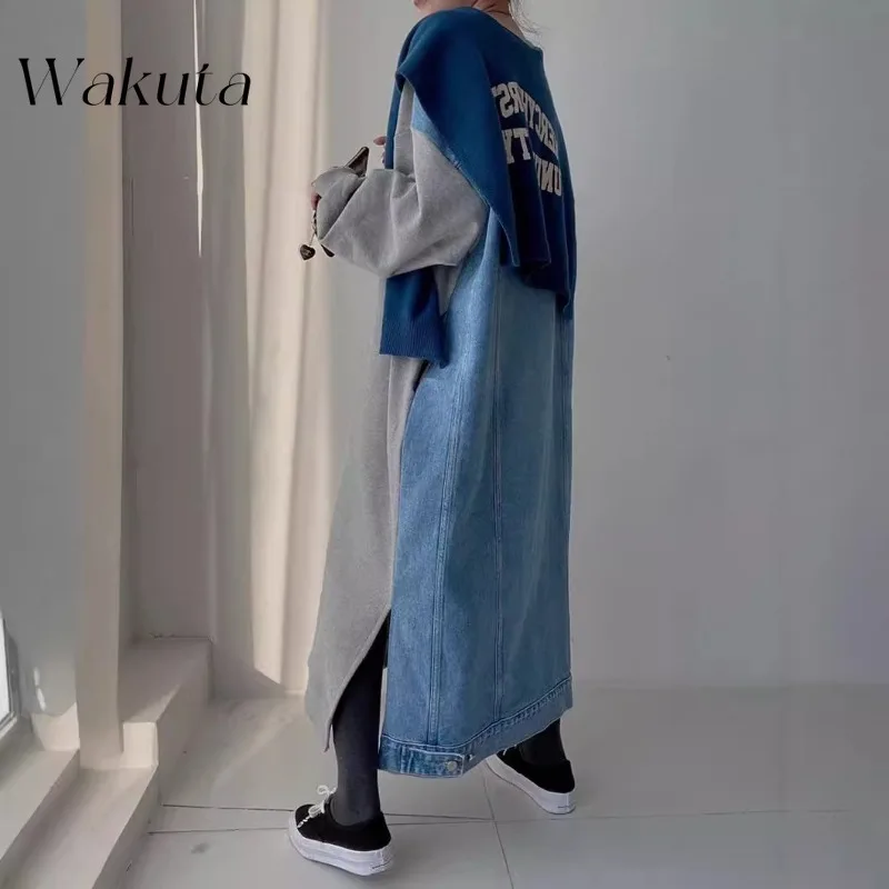 WAKUTA корейский весенний/осенний с круглым вырезом длинными рукавами буквами