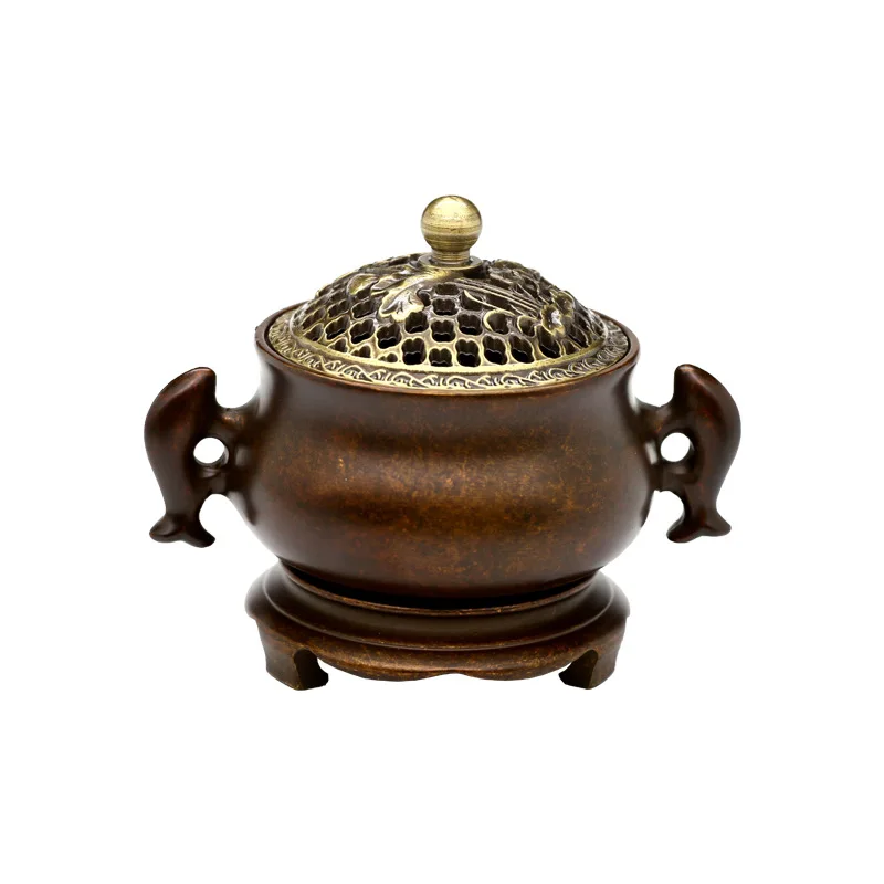 Incense burner Household indoor two ear stove Pure copper Zen sandalwood incense incense burner with cover