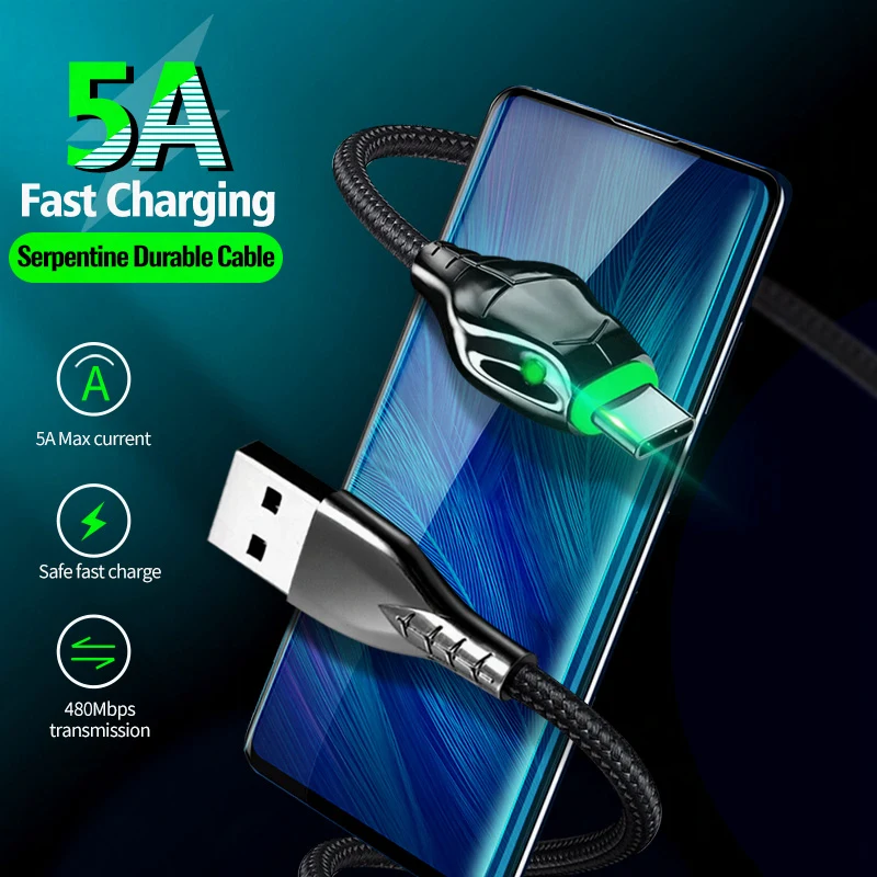 Zinc Alloy Type C Black Mamba Cable Micro USB Cable with LED Indicator Nylon 5A Fast Charging Wire for Mobile Phone X To 13 Pro