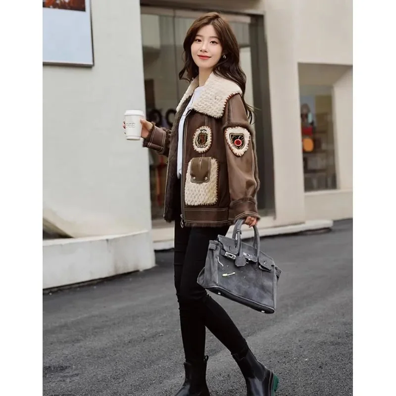 Женское зимнее пальто из овечьей шерсти с отложным воротником