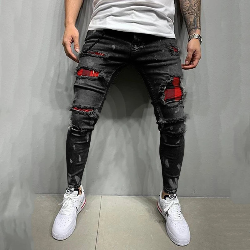 wish European and American men's new slim ripped pencil pants printed jeans Youth leisure vacation trend all-match trousers