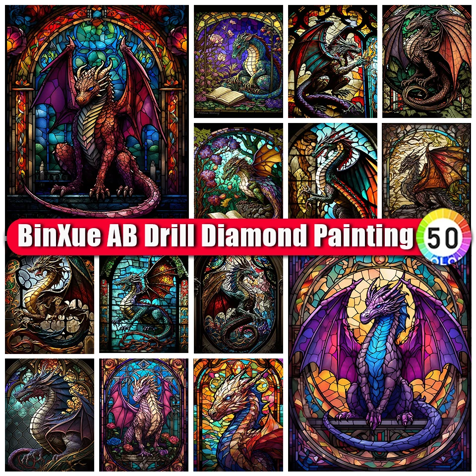 

BinXue Dreamy Stained Glass 5D DIY AB Diamond Painting Dinosaur Wings Cross Stitch Flower Dragon Handmade DIY Mosaic Art Gift