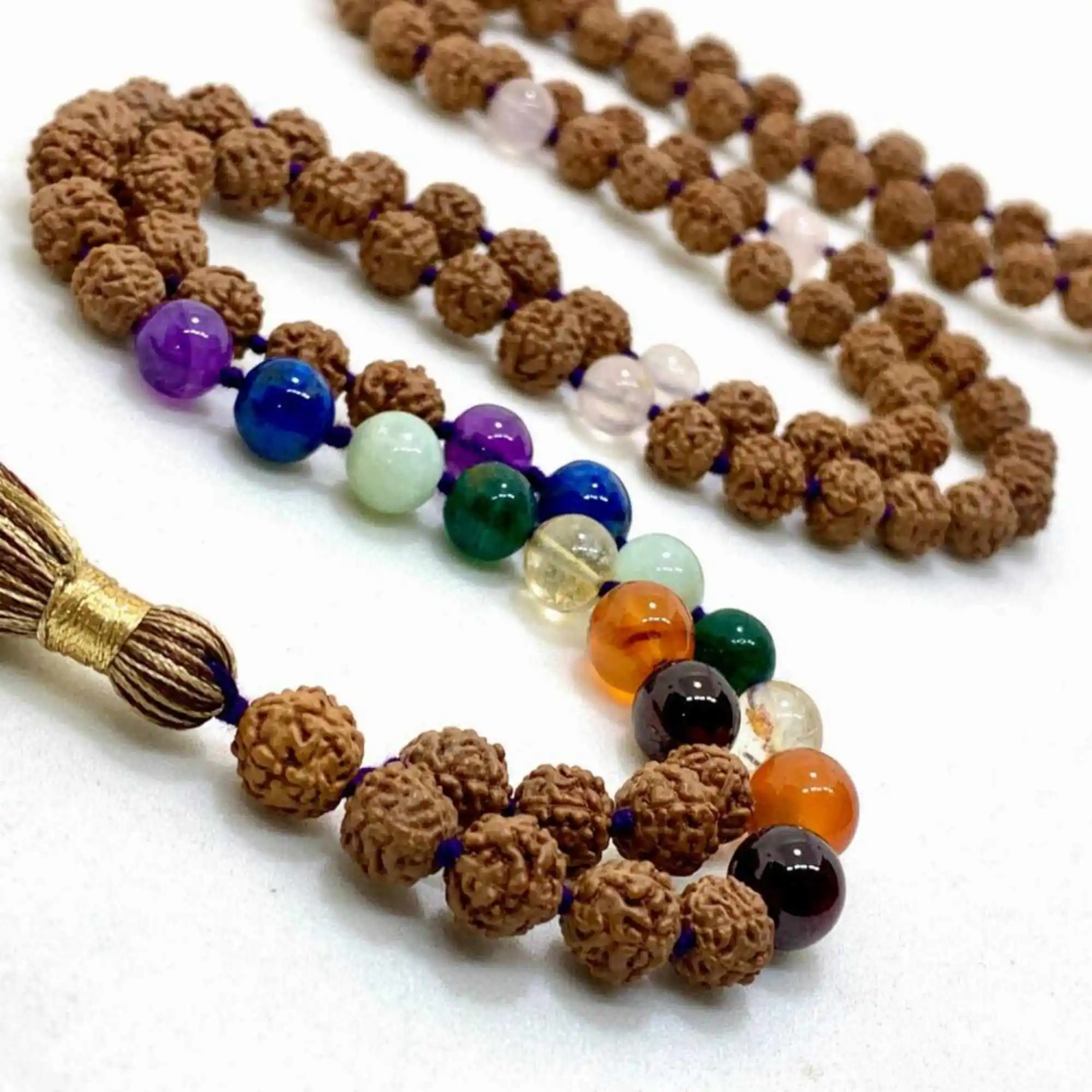 

Natural 7-8mm brown round Rudraksha seven chakras 108 knot Necklace Energy Easter Colorful National Style Lucky Mental