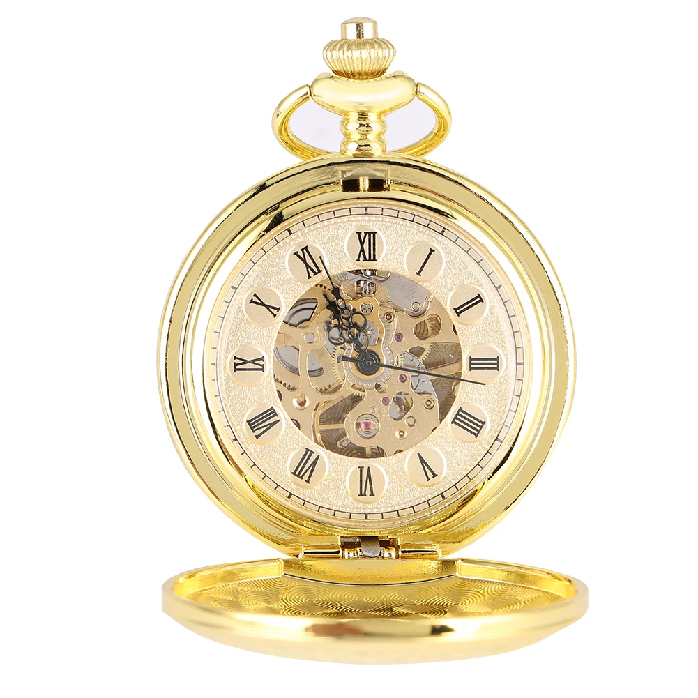 Gold Double Cover Roman Numerals Display Manual Mechanical Pocket Watch Skeleton Vintage Hand Winding Antique Clock Gift Male