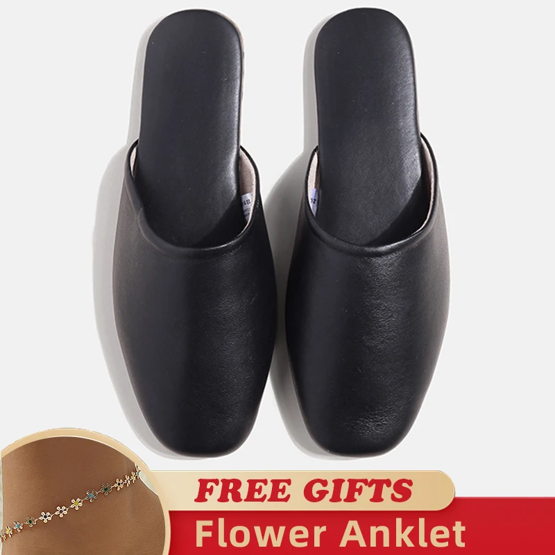 

2023 New Chic Home Women Leather Slippers Comfortable Luxury Cow Leather Bedroom Shoes Floor Non-slip Mute Ladies Slides