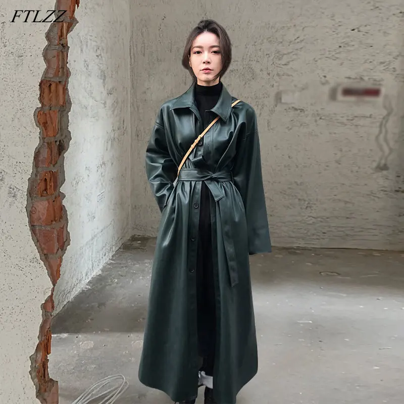 

FTLZZ New Spring Women PU Leather Long Jacket Faux Leather Windbreaker Trench Coat Turn-down Collar Button Jacket with Belt