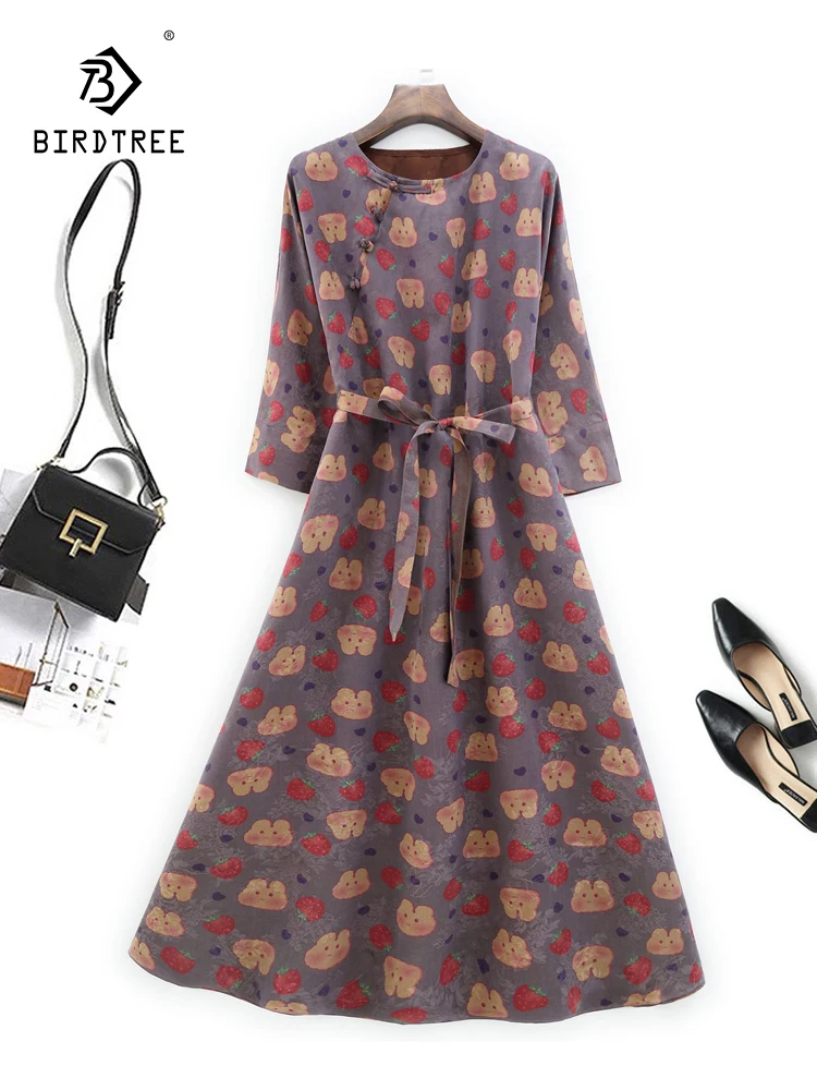 

Женское платье из 100% шелка с принтом Birdtree 32 мм, газовое платье с рукавами «летучая мышь», платье со шнуровкой на возраст, осень, новинка, D3N754QC