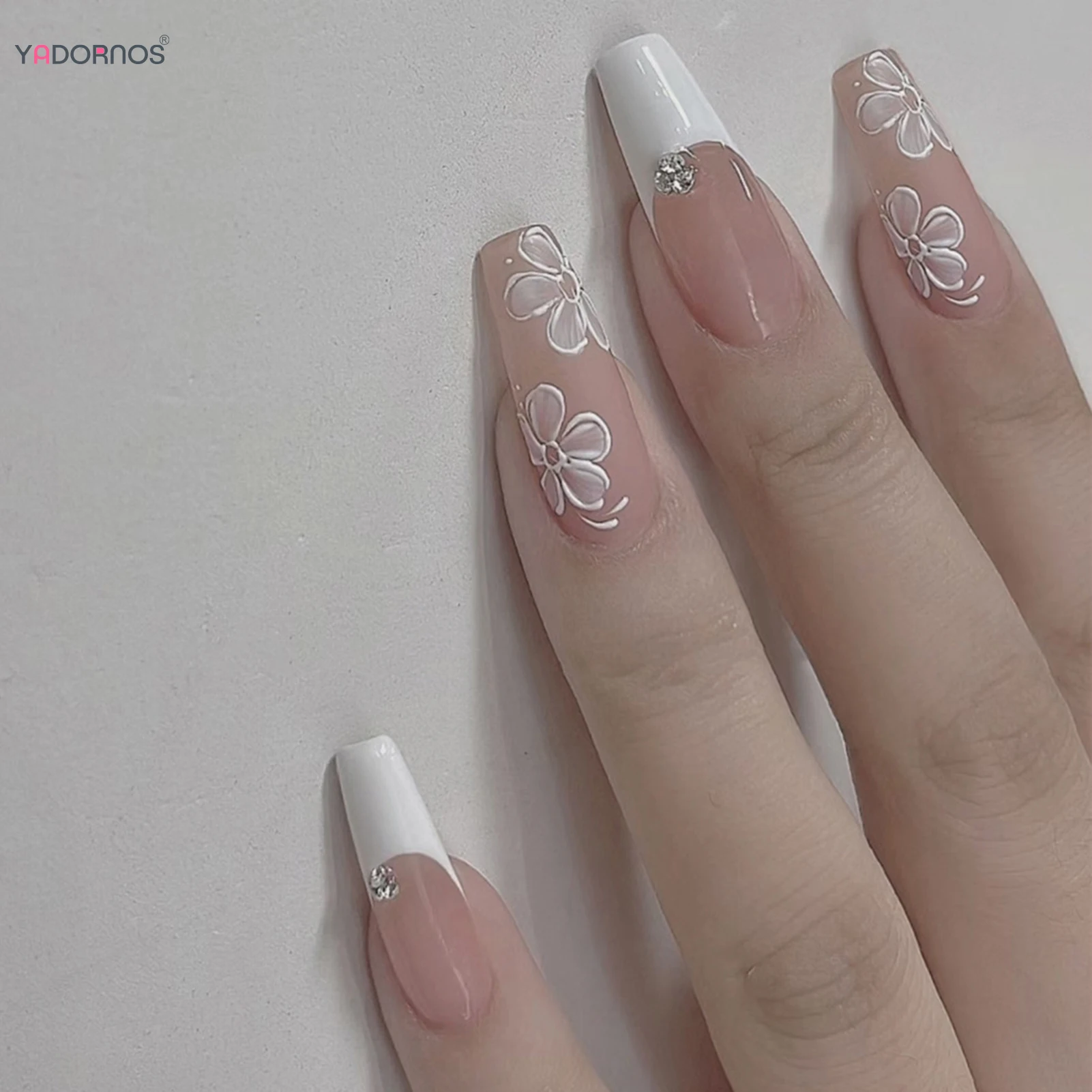 

White French Press on Nails Flower Diamond Designs Long Coffin Nude Color False Nails Ballerina Wearable Fake Nails for Women