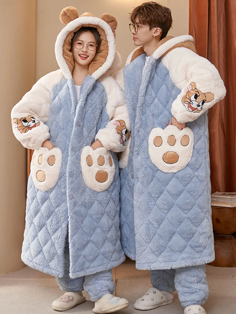 Couple Pajamas Winter Women's Three-Layer Cotton-Padded Jacket Coral Fleece Thickened Fleece-lined Plus size Men's Nightgown ...