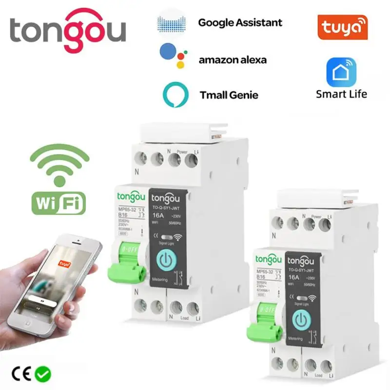 

Tuya Wifi Smart Circuit Breaker Switch With Metering 16A1P Din Rail remote control Smart Home Smart Life App Timer Module TONGOU