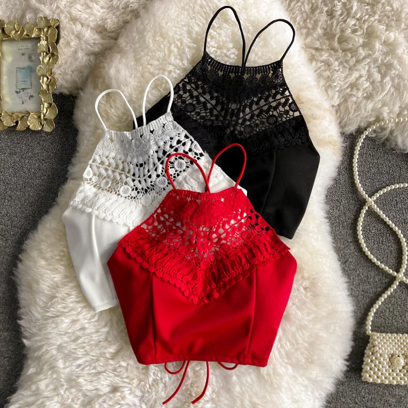 

Lace Spaghetti Strap Tank Top Hault Sexy Women Tanques Y Camis Woman Bra Tanks Cami Crop Blackless Frenchic Tank Tops Women