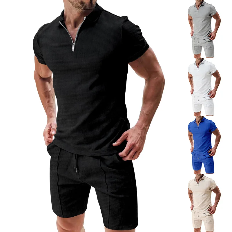New Men's Short Sleeve Shorts Casual Set Summer Waffle Solid Casual Loose Casual T-shirt Set Men Clothing Sets