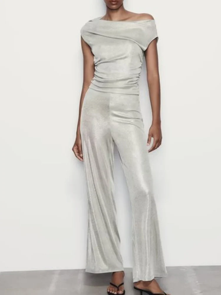 

Женский летний костюм из двух предметов, однотонный облегающий топ и брюки с широкими штанинами, 2023