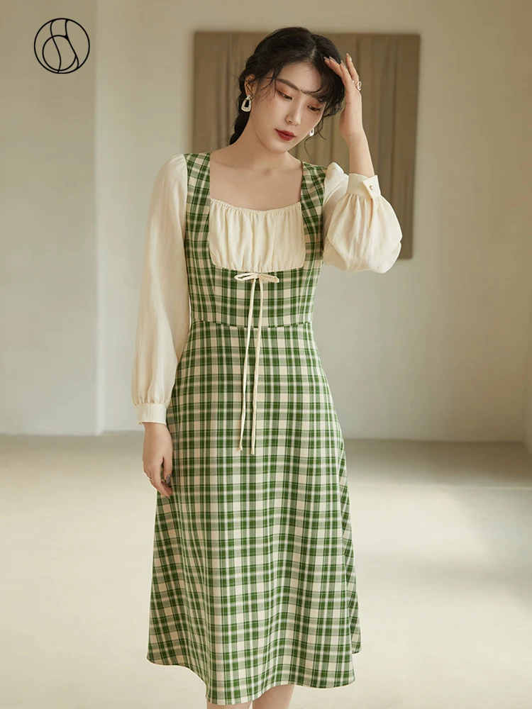 

Женское длинное клетчатое платье DUSHU, зеленое элегантное приталенное винтажное платье составного кроя с длинными рукавами и бантом, весна-л...