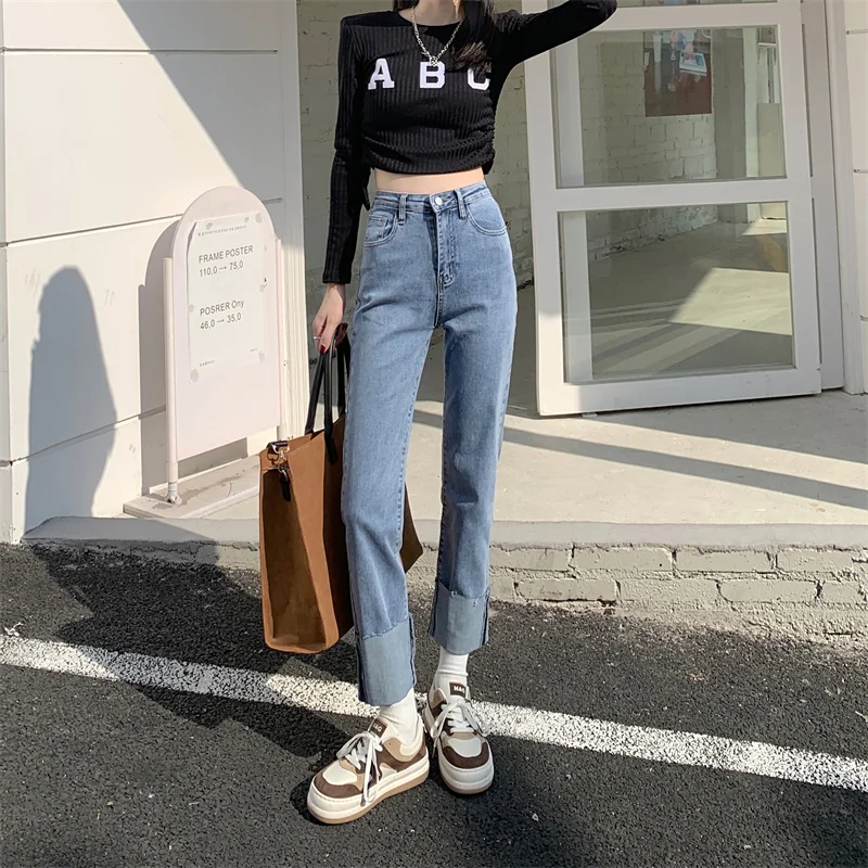 

DD0785 New Korean retro high-waisted slim wide-leg straight cropped trousers jeans