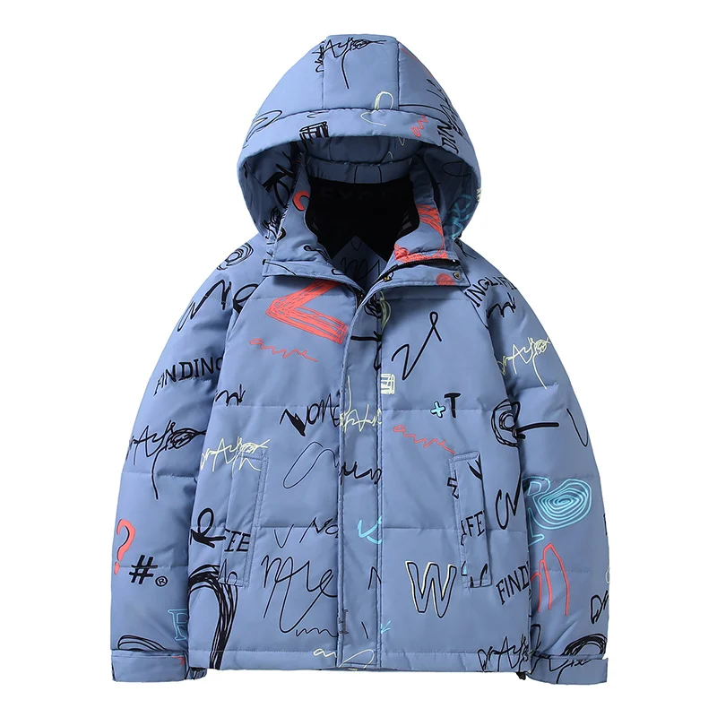 Winter new printed tide brand down jacket men's thickened warm hooded couple casual graffiti bread jacket