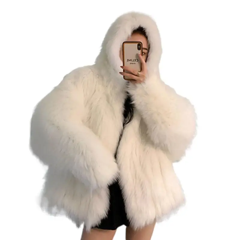 

Women Faux Fur Hooded Coats 2022 Autumn Winter New Female Imitation Fox Fur Plush Jackets Ladies Solid Loose Warm Outwear