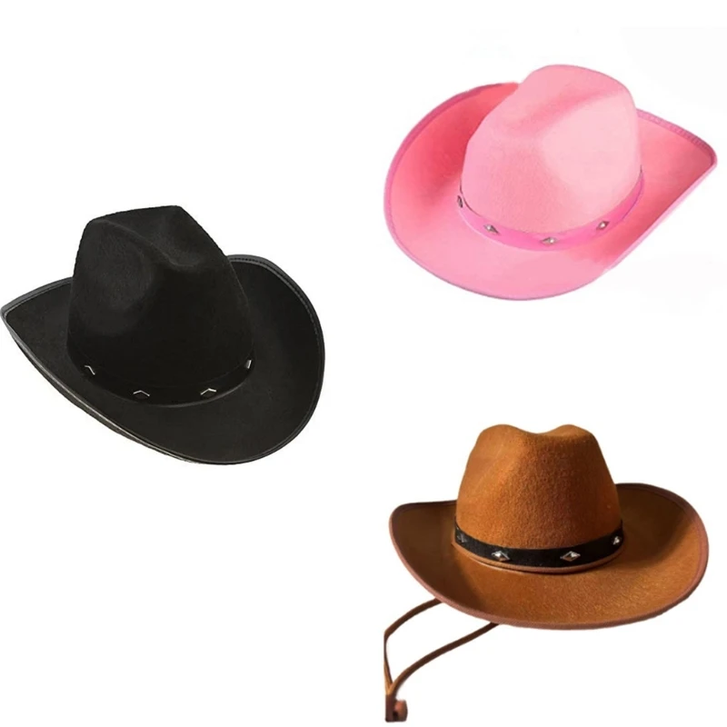 

Solid Color Breathable Cowboy Hat Large Brim Hat Casual Sunproof Hat with Alloy Rivet Decor&Chin Strap