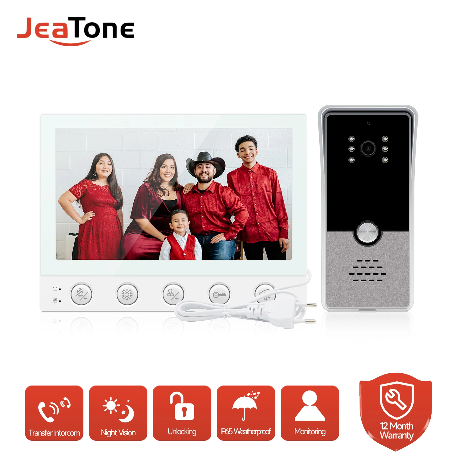 JEATONE Home Video Intercom 7 Inch Color Indoor Screen 1200TVL Interphone Doorbell Camera with Talk, Waterproof and Night Vision