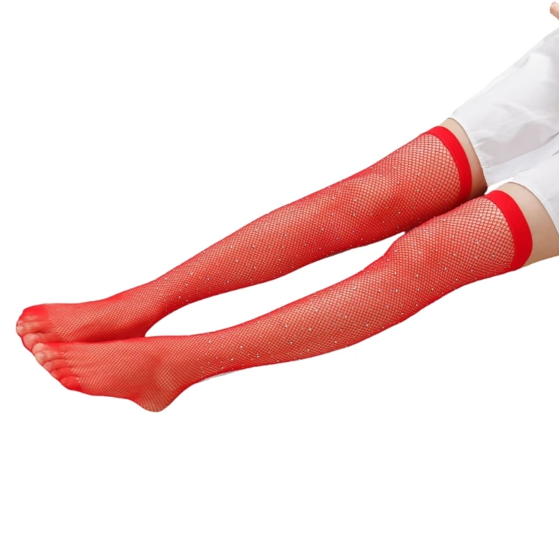 Чулки до бедра в сеточку украшенные блестящими стразами для ночного наряда