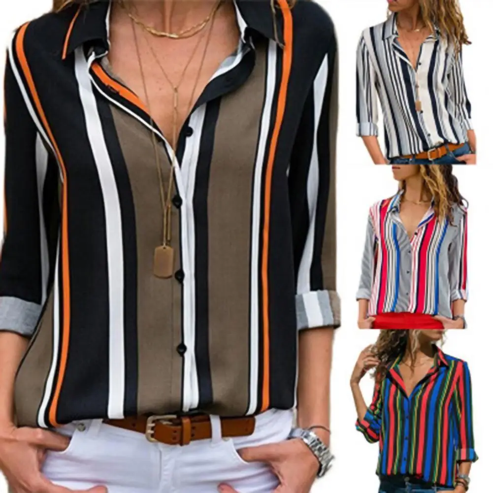 

Women Shirt Strip Print Single Breasted Bright Color Lapel Long Sleeve Turn Down Collar Ladies Blouses Casual Tops