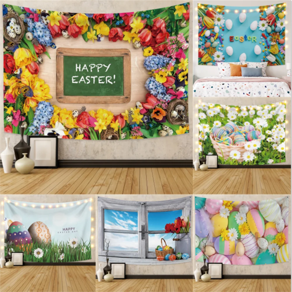 

Laeacco Easter Day Tapestries Nice Color Egg Long Ears Rabbit Pattern Wall Cover Cloth Bohe Hippie Home Decorations Polyester