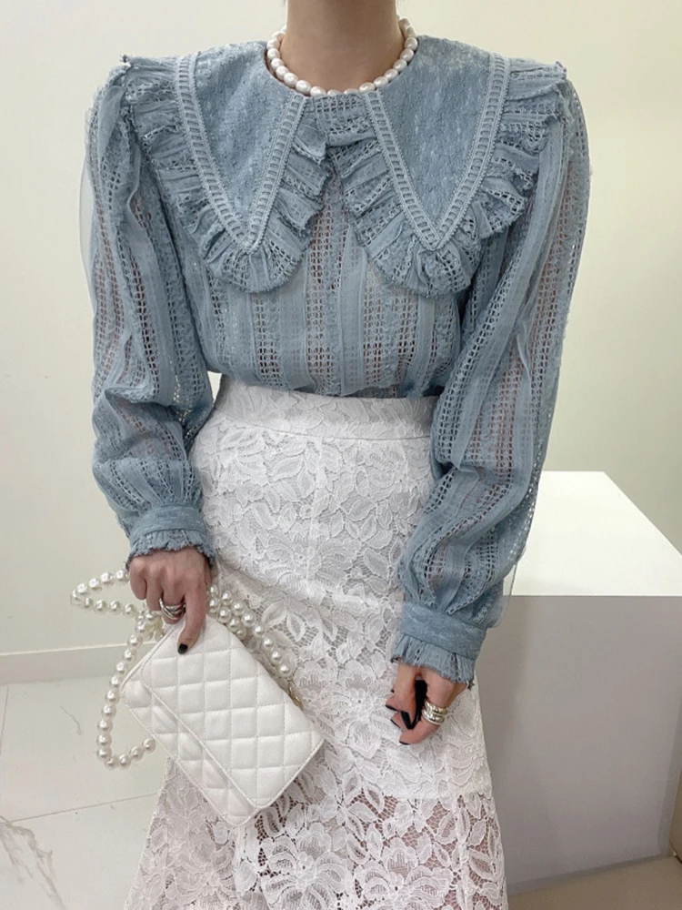 

Women 2022 Korean Chic Spring Elegant Fungus Edge Lattice Hollow Lace Sweet Slightly Transparent Design Sense Blouse Tops D0917
