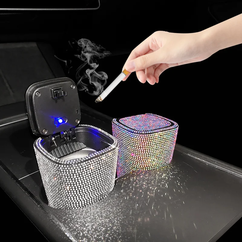 

Bling Diamond Car Ashtray Creative Square Air Outlet Smoke Cup Holder With Blue Led Light Cigarette Ash Bucket Storage For Women