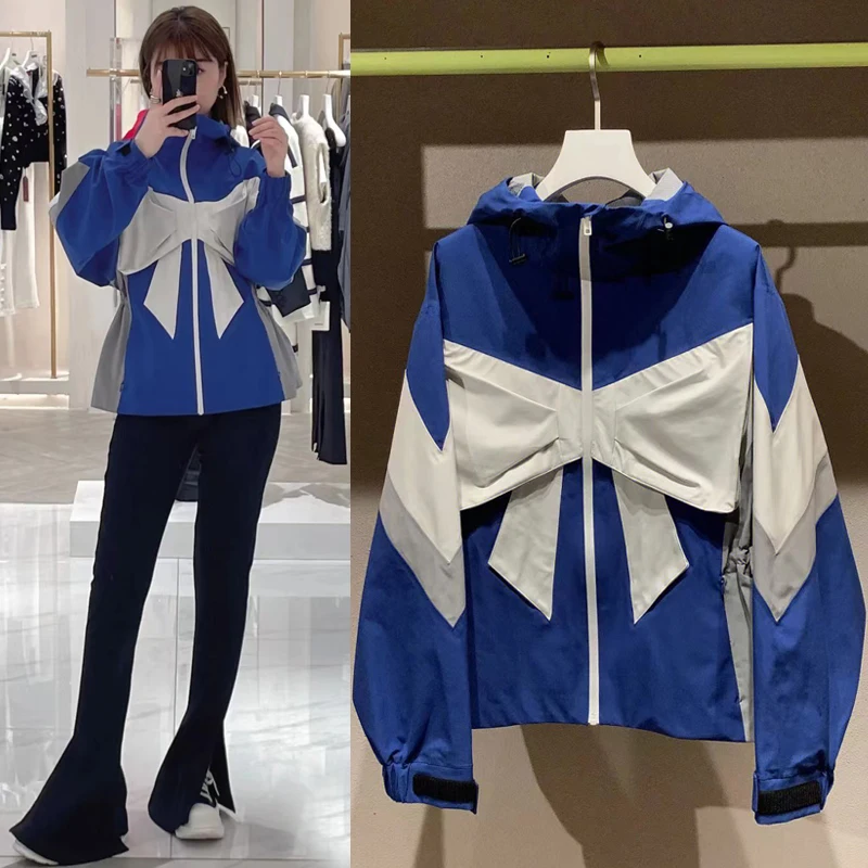 

Autumn 2022 New Casual Workwear Color Contrast Splice Blue Bowknot Sports Golf Coat Charge Coat