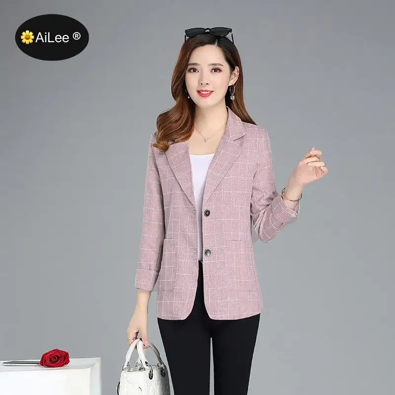 Big Size Elegant Long Sleeve Slim Blazer Jacket Women Casual Gray Outwear Spring Autumn Lady Office Business Suit Blazer Plaid