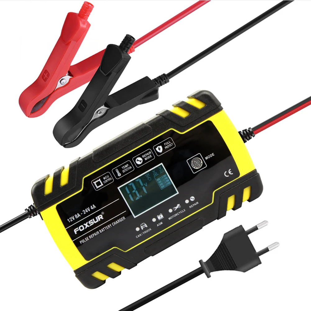 

12V 8A 24V 4A Automatic Battery Charger Digital Display Pulse Repair LCD Display Smart Car Charger GEL Lead-Acid WET Battery