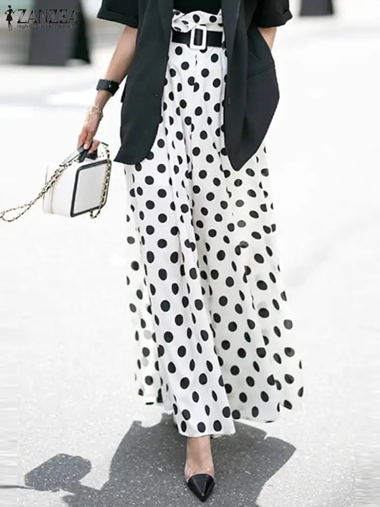 

Богемные женские брюки с широкими штанинами ZANZEA, модные летние брюки с высокой талией, винтажные длинные брюки в горошек, повседневные брюки большого размера