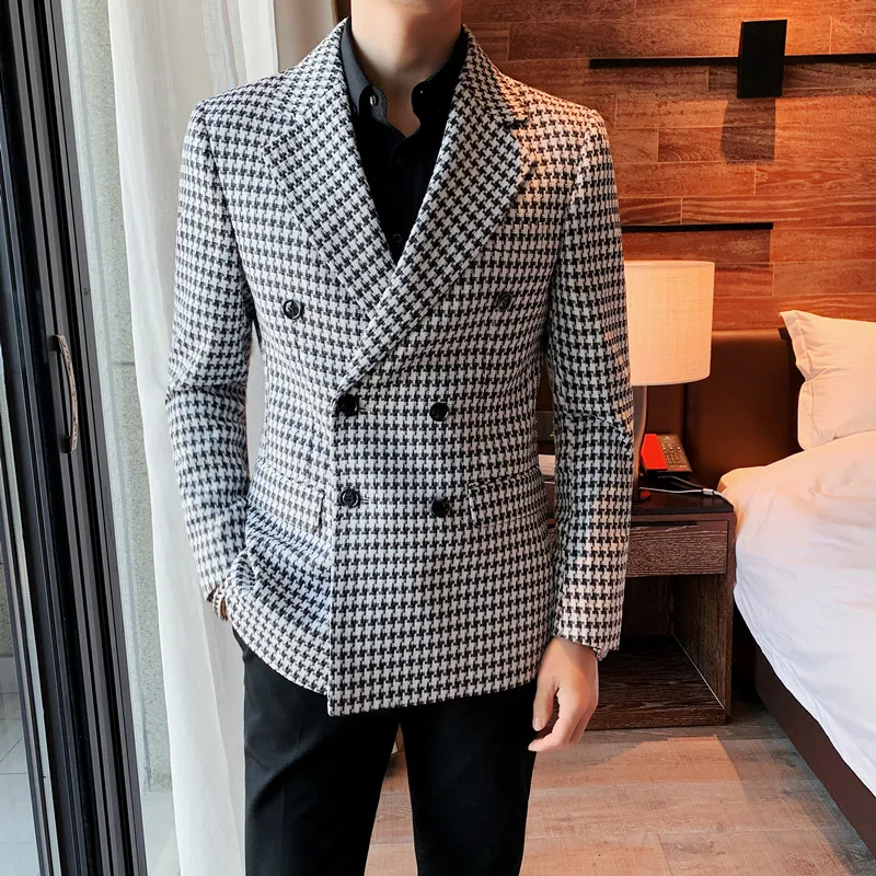 British Costume Homme Fashion Double Breasted Houndstooth Suits For Men Clothing 2022 Slim Fit Business Casual Blazer Jackets