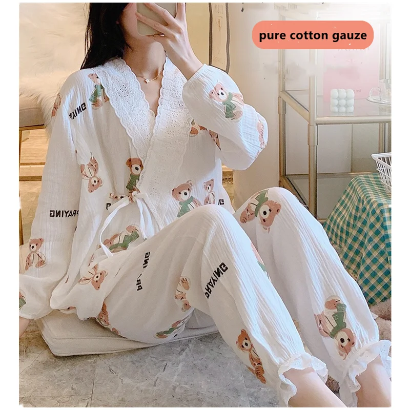 

Breastfeeding Maternity Pajamas Sets 2022 New Style Pure Cotton Gauze Nightgown For Pregnancy Women Summer Nursing Homewear