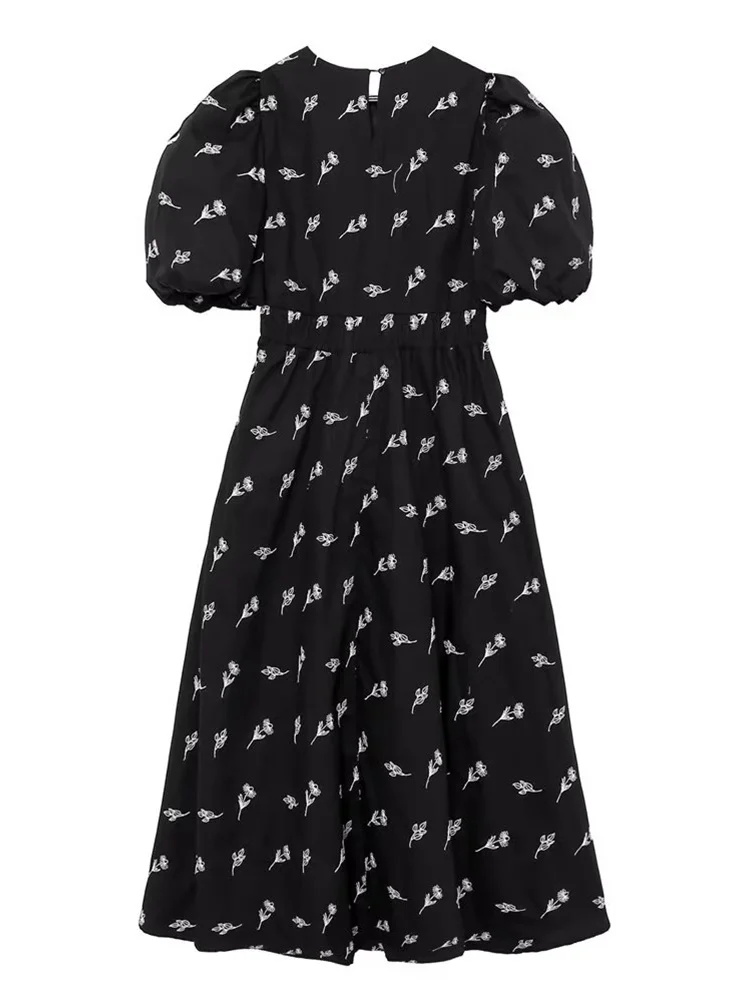 

Женское платье миди с цветочной вышивкой, черное винтажное платье с пышными рукавами и круглым вырезом, Лидер продаж