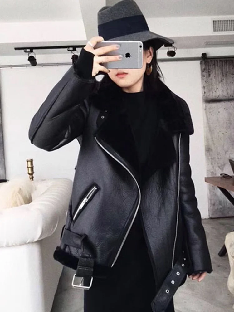 

Dinboa-2022winter Coats Women Tops Thick Faux Leather Fur Sheepskin Coat Female Fur Leather Jacket Aviator Jacket Casacofeminino