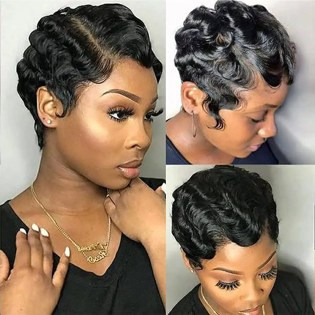 

Short Pixie Cut Wigs For Black Women short Wavy Wig Brazilian Human Hair Wigs Finger Wave Wig Mommy Wig Ocean Wave Wig