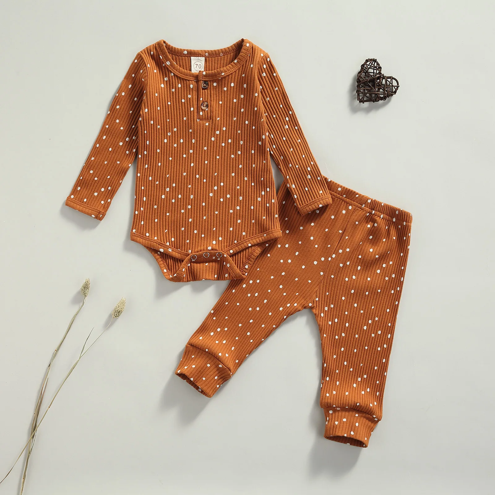 

Children's Clothing Set Spring Autumn 2Pcs Polka Dot Print Long Sleeve O-neck Romper Elastic Waist Trousers Knitted Baby Clothes