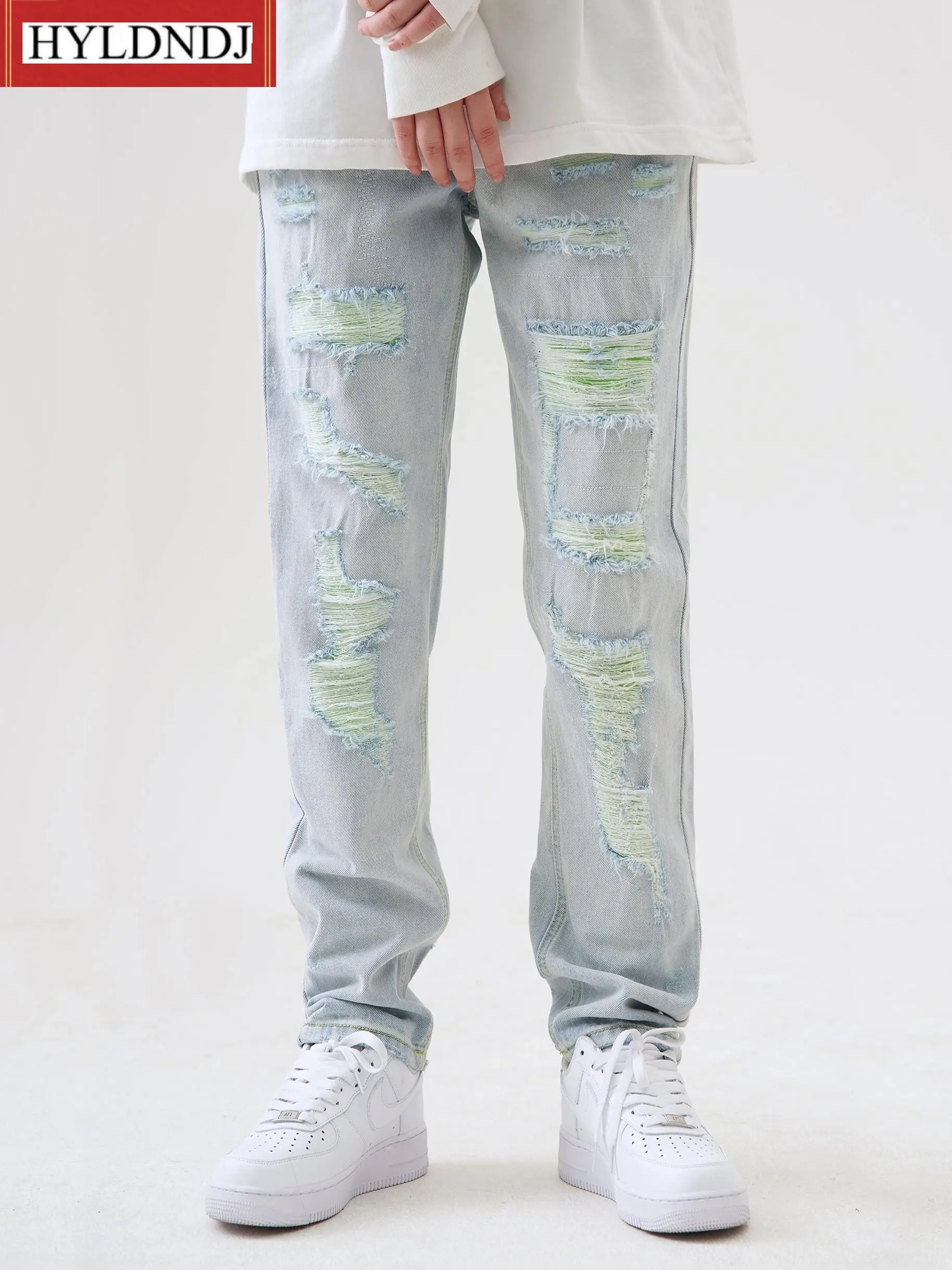 Men's New Fashion Handsome Fried Street Slim Pants European and American Fashion Brand Street Hole Light Color Jeans